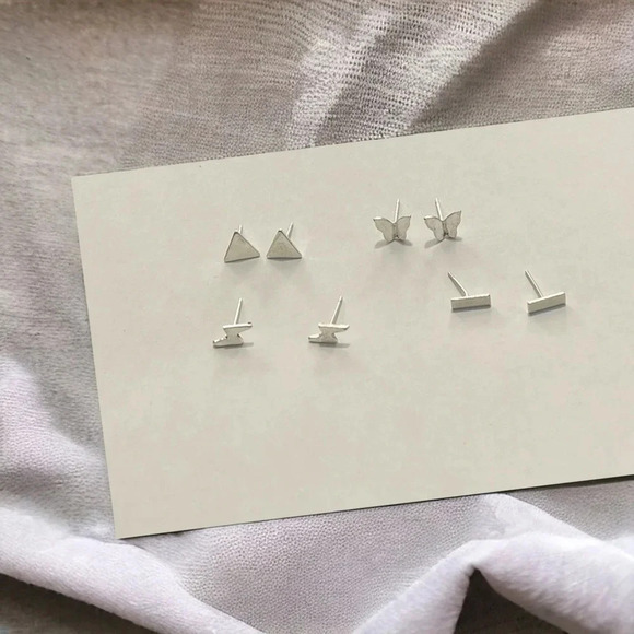 Silver Bar & Lightning Bolt & Triangle & Butterfly Stud Earrings - Picture 5 of 8